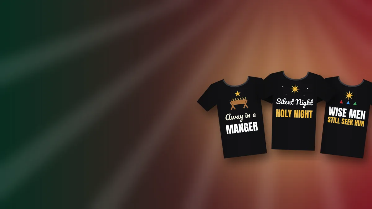 Christian Christmas shirts reading Silent Night Holy Night, Away in a Manger and Wise Men Still Seek Him