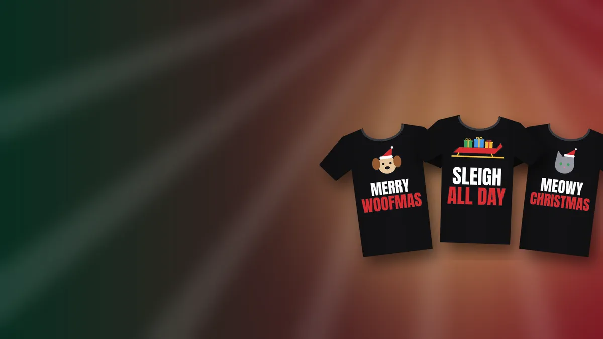 Dominion Tee Co shirts reading Merry Woofmas, Meowy Christmas and Sleigh All Day