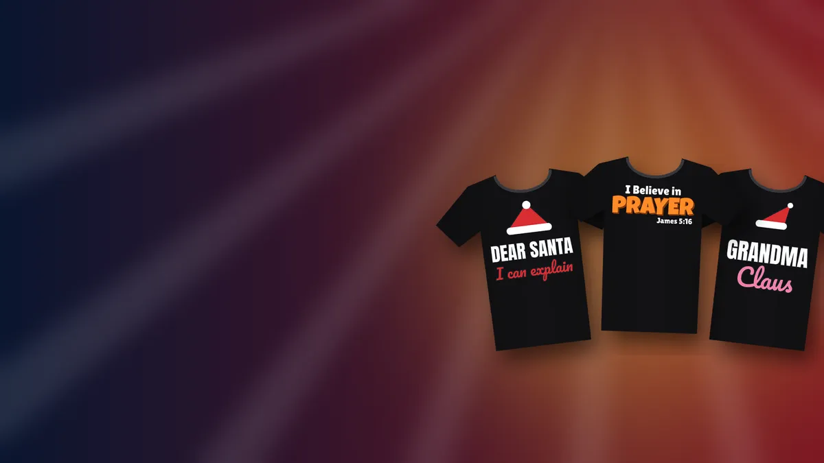 Dominion Tee Co shirts reading Dear Santa I Can Explain, Grandma Claus and I Believe in Prayer