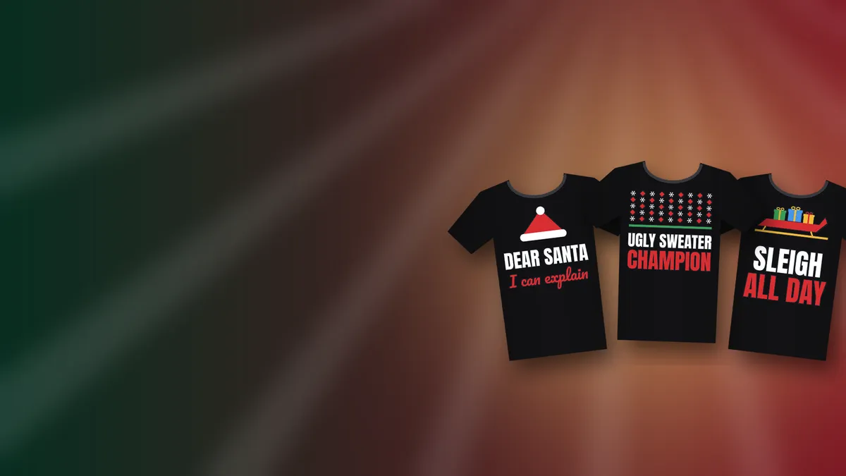 Funny Christmas shirts reading Ugly Sweater Champion, Sleigh All Day and Dear Santa I Can Explain
