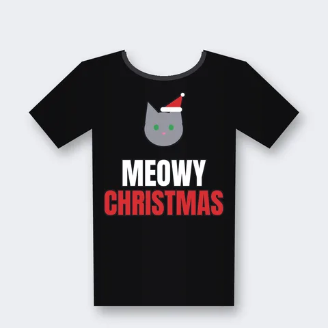 Meowy Christmas design on a black t-shirt